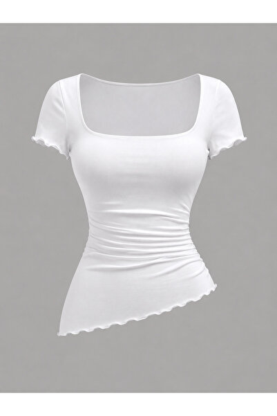 good flowers Women's Square Collar Ribbed Look Blouse