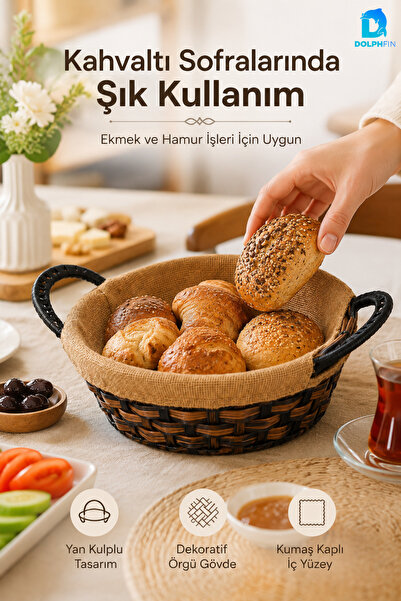 DolphFin Yuvarlak Hasır Ekmeklik 24 cm Kumaş Kaplı Dekoratif Ekmek Sepeti Yan...