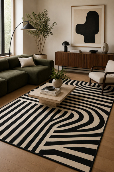 Aybek Home Siyah Beyaz Desenli Dijital Kaymaz Taban Yıkanabilir Salon Oturma ...