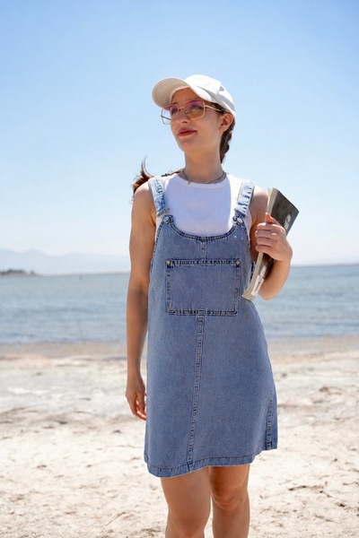 Vovikon Stone Washed Gardener Mini Denim Dress with Straps