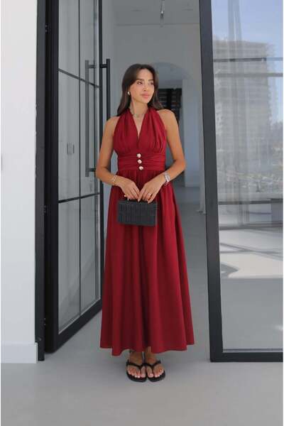 Havoş Burgundy Longard Halter Neck Long Dress