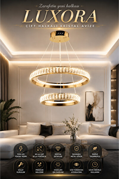 Elvora Home Modern (PREMİUM) LED Gold Kristal LED Avize 2 Halkalı Sarkıt Aviz...