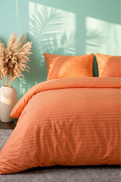 Rivaİstanbul Elite Orange Striped Satin Double Duvet Cover Set - 4 Pieces