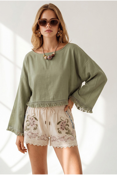 Olalook Women's Khaki Boat Neck Tassel Detailed Crinkle Blouse Blz-19003414