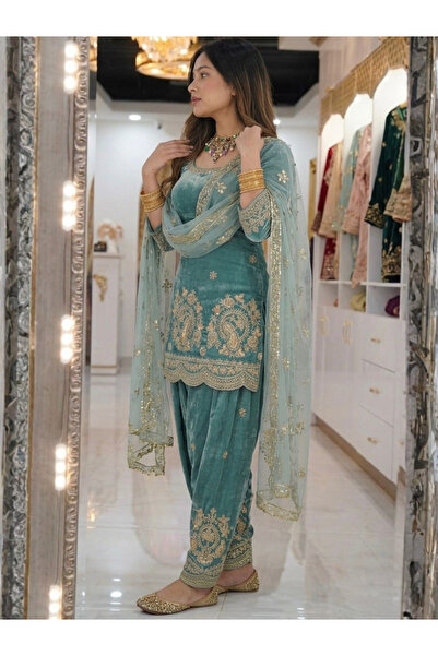 MYSMAR Blue Fandy Crush Silk Embroidered Farshi Salwar Set - HRT8737 | Blue