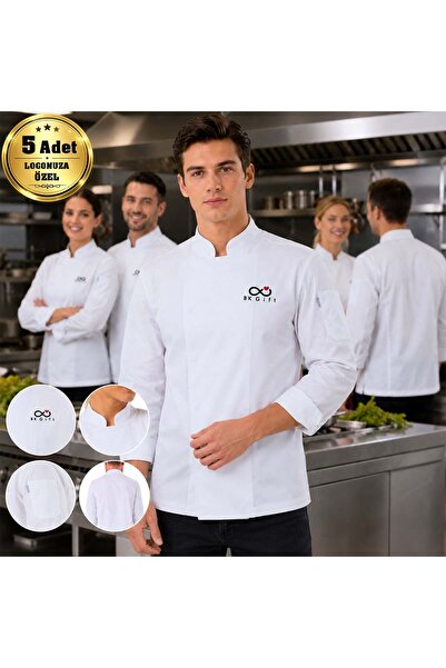 Bk Gift 5 White Men's Chef Jackets with Your Logo - Gabardine Fabric Professi...