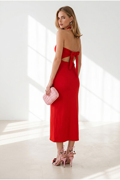 Olalook Women's Red Halter Neck Deep Backless Maxi Dress Elb-19002681