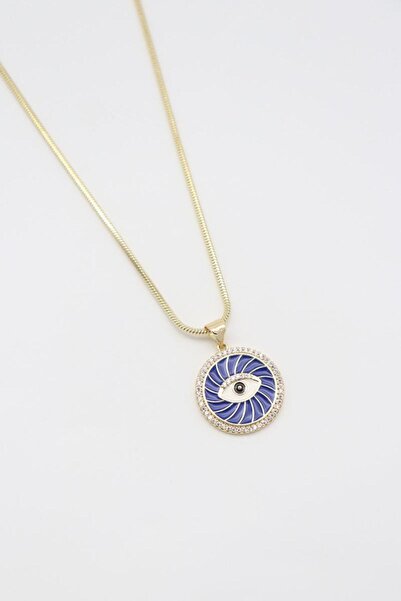 Bade Jewelry Vip Gold Dark Blue Round Evil Eye Detailed Basic Anti-Tarnish St...