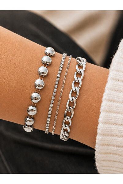 Merand Women's Silver Color 4-Piece Bracelet Set, Chain Ball and Stone Waterw...