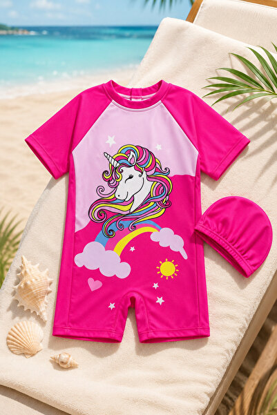 Tuğra Bebe Kız Çocuk Pembe Boneli Mayo Takımı Unicorn Baskılı Kısa Kollu Şort...