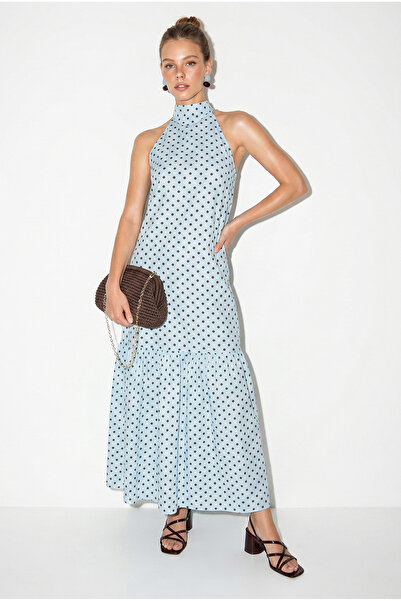 Bianco Lucci Women's Polka Dot Halter Neck Halter Hem Ruffle Long Dress 382 6...