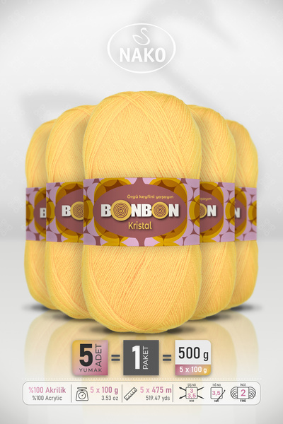 BONBON Kristal - Dark Yellow (98217) - 5-Pack - 100Gr/475M - Fine Yarn Hand K...