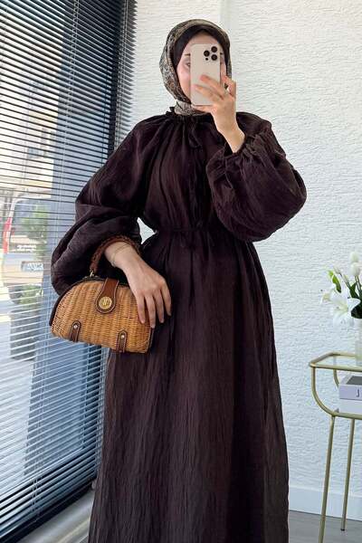 MELEK ARAZ Premium Collar Gathered Balloon Sleeve Voile Dress - Brown