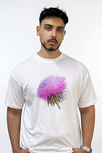 Anetos Purple Thistle Design Printed Oversize White T-Shirt