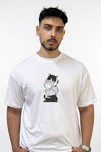 Anetos Cat Stack_1 Σχέδιο με στάμπα Oversize Λευκό T-Shirt