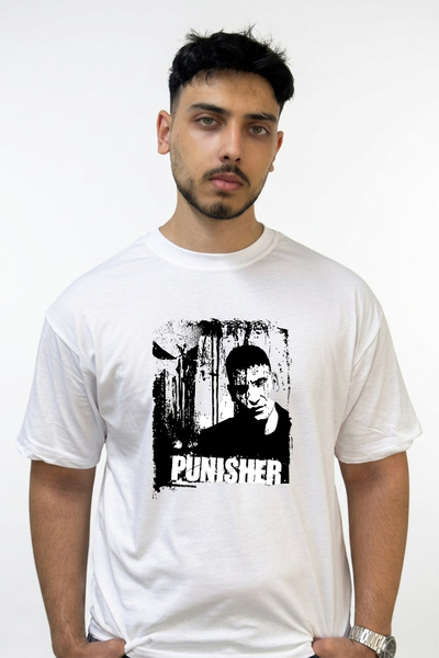 Anetos Tricou alb supradimensionat cu imprimeu Punisher Design