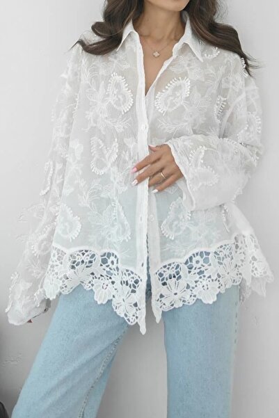 Suziş 100% Cotton Ecru Embroidered Long Sleeve Shirt M38571