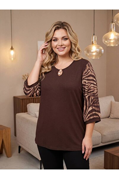 QUAWEAR Crew Neck Tulle Fabric Thin Sleeve Combed Cotton Tunic with Pearl Acc...
