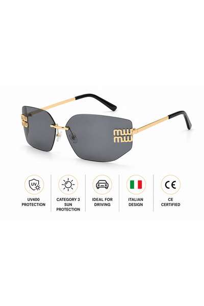 Miu Ochelari de Soare Damă, model Muse Grey- UV400, Ramă Fără Contur Aurie, L...