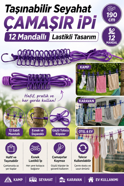 Hane Dostu Taşınabilir Seyahat Çamaşır İpi 12 Mandallı Lastikli Çamaşır Askı ...