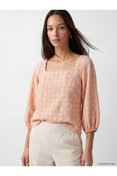 LC Waikiki Lcw Everyday Mercan Square Neck Checkered Blouse