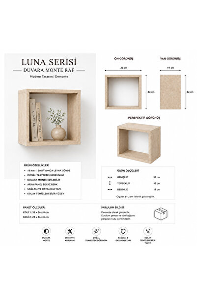 Altın Tasarım Atölyesi Luna Serisi Traverten Görünümlü Kare Duvar Rafı - 33x3...