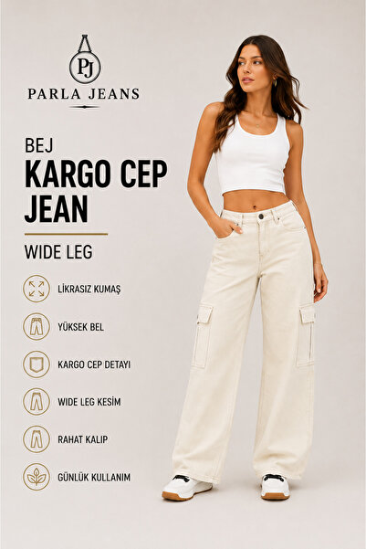 Parla Jeans بنطلون جينز نسائي بيج واسع الساق عالي الخصر بدون ليكرا مع جيوب كارجو