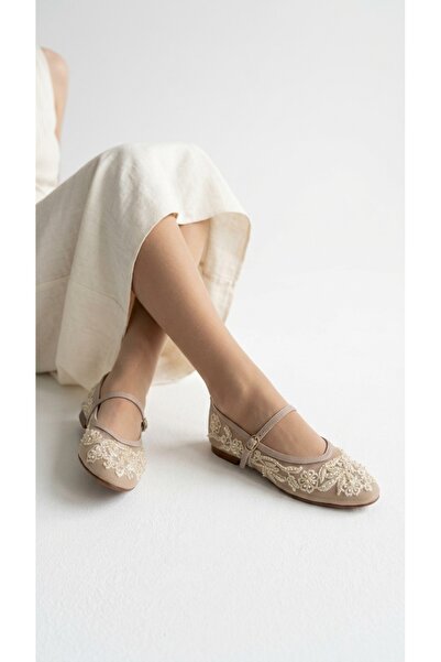 Eysha Azlıra Women's Beige Tulle Beaded Floral Embroidered Single Strap Balle...