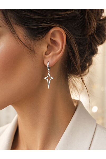 ASİL SİLVER ONLİNE 925 AYAR KUTUP YILDIZI (NORTH STAR) RODYUM KAPLAMA GÜMÜŞ KÜPE