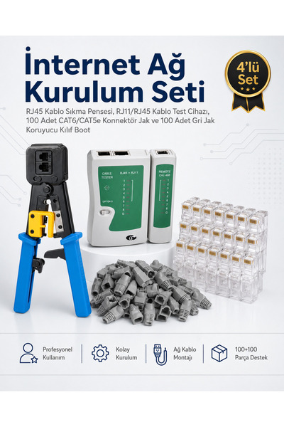 Derwell MAVİ UZUN SET & İnternet Ağ Kurulum Seti - RJ45 Kablo Sıkma Pensesi, ...