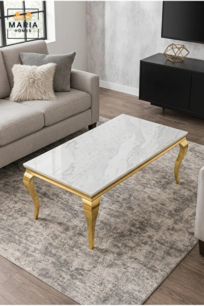MARIA HOMES Luxury Marble Dining Table with Gold Metal Base – Modern Rectangu...