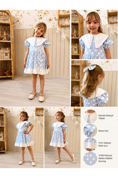 Little Pumpkin Puantiyeli Kız Çocuk Elbisesi - Mavi - TOKA HEDİYELİ