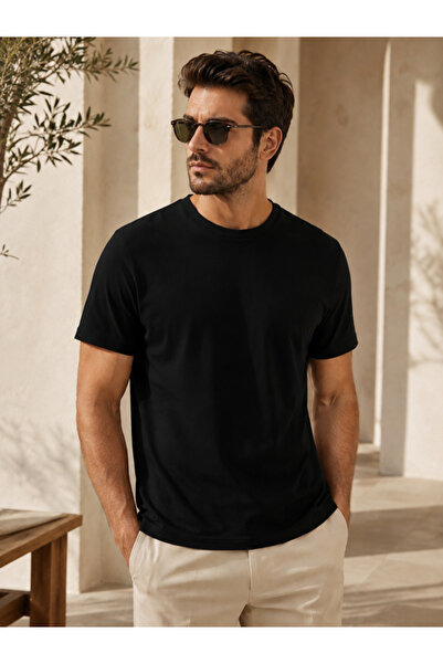 EHİNOS Erkek Unisex Siyah Pamuklu Slim Fit Bisiklet Yaka Basic Tişört