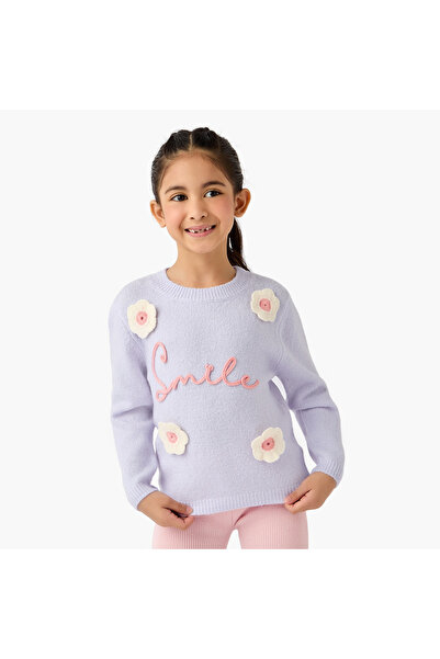 Juniors Slogan Embroidered Sweater with Long Sleeves