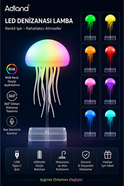ADLAND RGB Işıklı Ahtapot Lamba 13 Renkli Denizanası Gece Lambası Dinamik Geç...