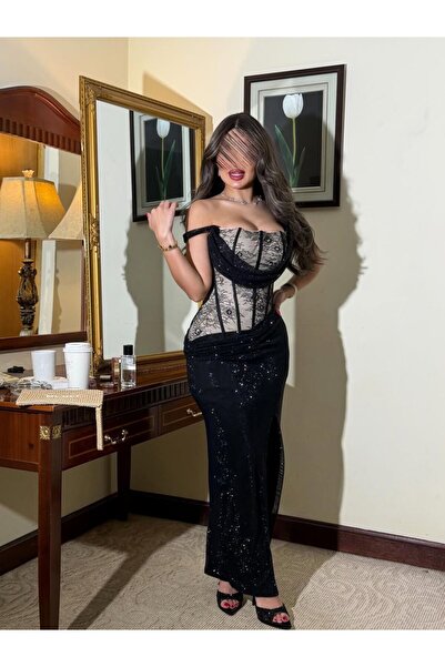 REVE Black Evening Gown with Corset Waist and Sparkling Lace Details, Very El...