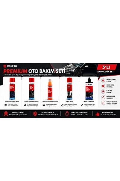 Würth Premium Oto Bakım Seti 5'li - Motor Temizleyici, Araç İçi Temizleyici, Silikon Sprey, Cam Sabunu ve AP30 Mumlu Cila