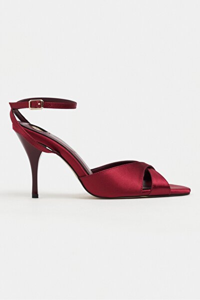NİŞANTAŞI SHOES Monica Burgundy Satin Ankle Belt Detailed Women's Thin Heeled...