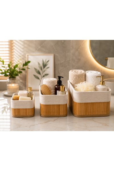 Arsimo 3-Piece Square Bamboo Basket Set |   Multi-Purpose Shelf Organizer |   Natural Bamboo and Plantation Fabric