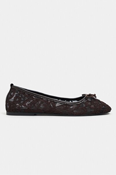 NİŞANTAŞI SHOES Magni Brown Lace Embroidered Bow Detail Women's Ballerinas