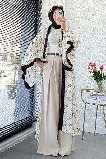 MELEK ARAZ Premium Yarasa Kol Tül Modal Uzun Kimono - Bej