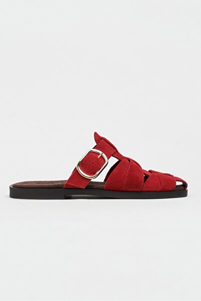 NİŞANTAŞI SHOES Honey Red Genuine Suede Buckle Detailed Flat Sole Women's Sli...