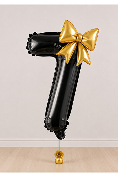 Balonsan -7- Age Black Number Gold Bow Foil Balloon Set
