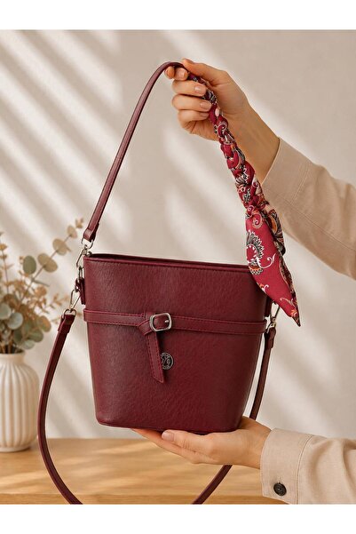 chocolatebag Women's Box Model Fular Detail Double Strap Crossbody Bag Bordo