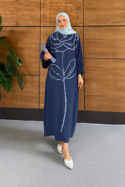 Miss Allos Women's Floral Patterned Linen Hijab Dress