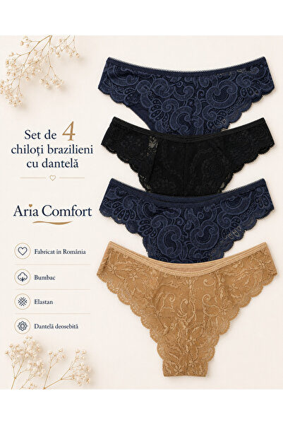 Aria Comfort Set 4 Chiloți Brazilieni Damă cu Dantelă – Bumbac, (Negru, Bej, ...
