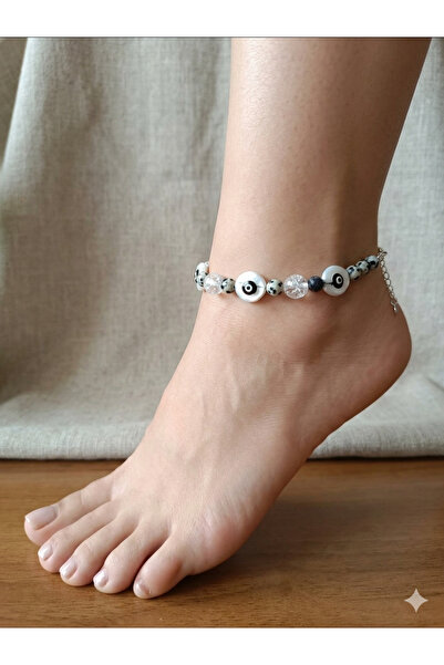 Shine Elagance Original Pearl Natural Stone Women's Anklet with Black and Whi...
