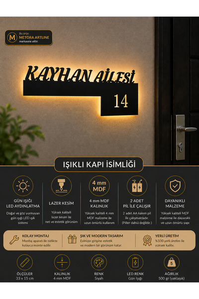 metora SİYAH renk 3 kademe LED'li İSME ÖZEL Kapı İsimliği –4 MM MDF Kişiye Özel