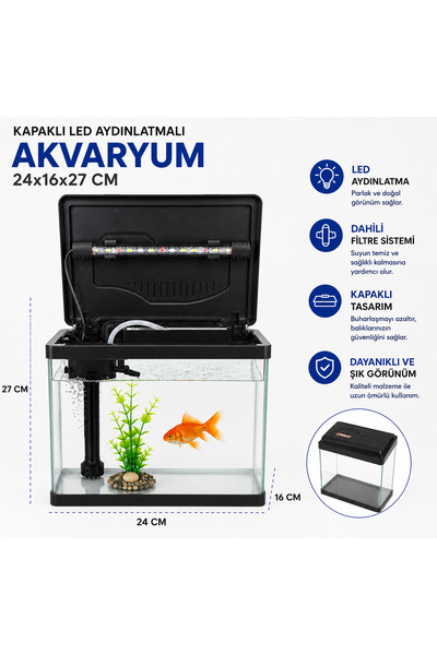 makro İTHAL AKVARYUM / FULL SET / FİLTRE + LED IŞIK / 24X16X27 CM SİYAH