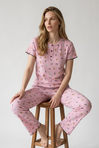 MORRO Women's Pink Teddy Bear Patterned Ribbed Short Sleeve Pajama Set